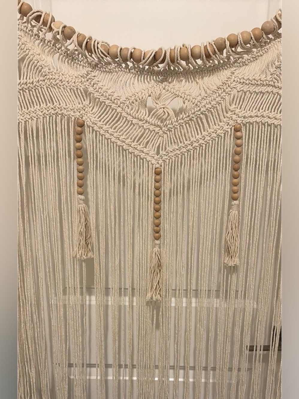XL Boho Macrame Wall Hanging w Wooden Beads Fringe Natural Fiber Decor Handmade - Picture 3 of 5